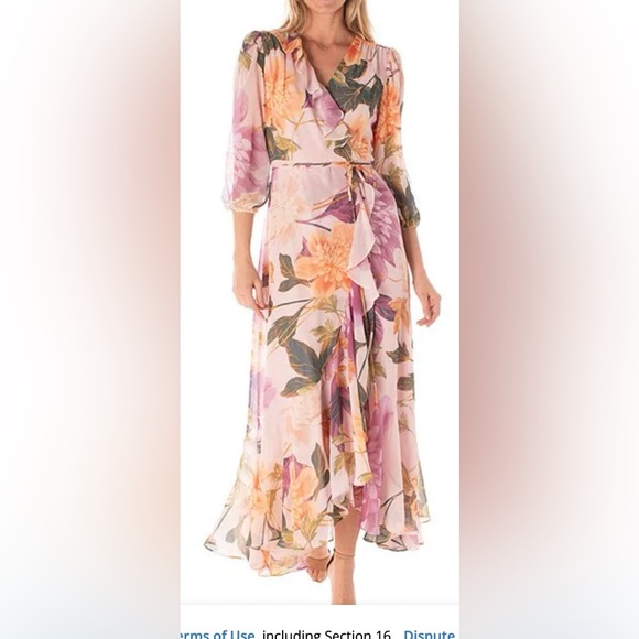 Maison Tara Pink Floral Faux Wrap Dress with Bishop Sleeves - Picture 1 of 9